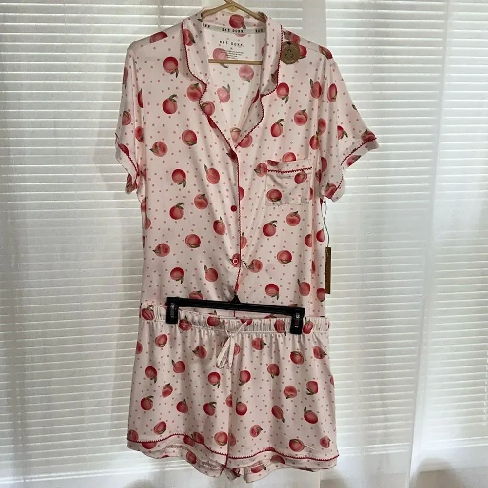 RAE DUNN. XL Blush Pink Peach Notch Collar Short Sleeve Button Top Shorts PJ Set
